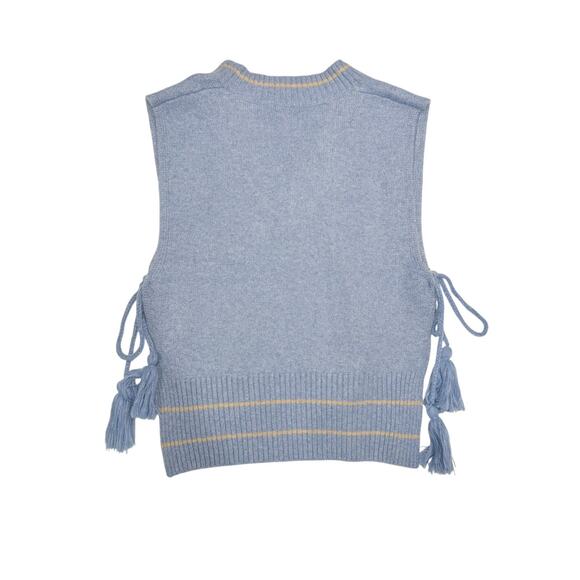 Free People All Star Striped Knit Poncho Vest Blue One Size Tassel Tie Sides - Picture 2 of 14